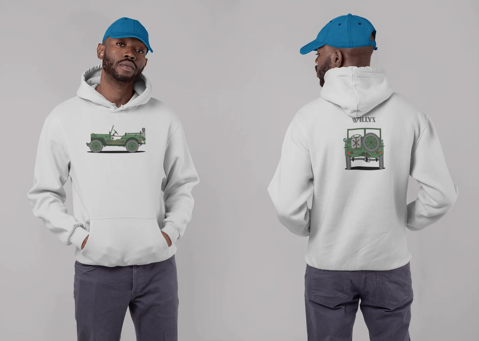Hombre vestido con una sudadera de Infinite Garage en la que se visualiza un coche clásico, monocolor verde militar.