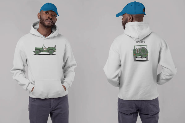 Hombre vestido con una sudadera de Infinite Garage en la que se visualiza un coche clásico, monocolor verde militar.