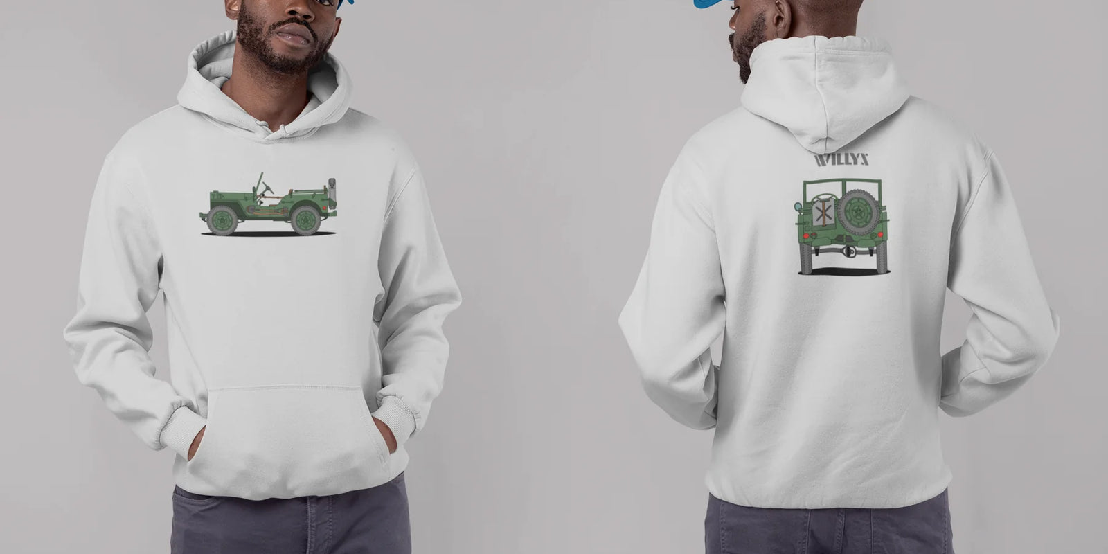 Hombre vestido con una sudadera de Infinite Garage en la que se visualiza un coche clásico, monocolor verde militar.